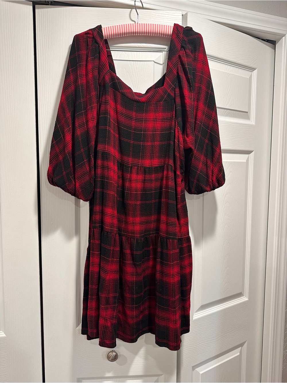 Maurices Red Black Plaid Square Neck Tiered Babydoll Dress Plus Size XL